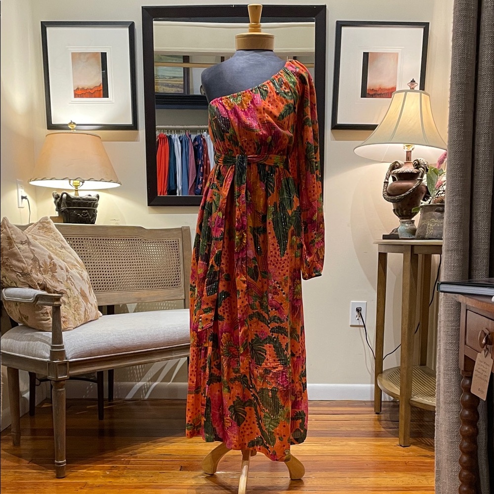 En Creme One-Shoulder Floral Maxi Dress in Orange and Green